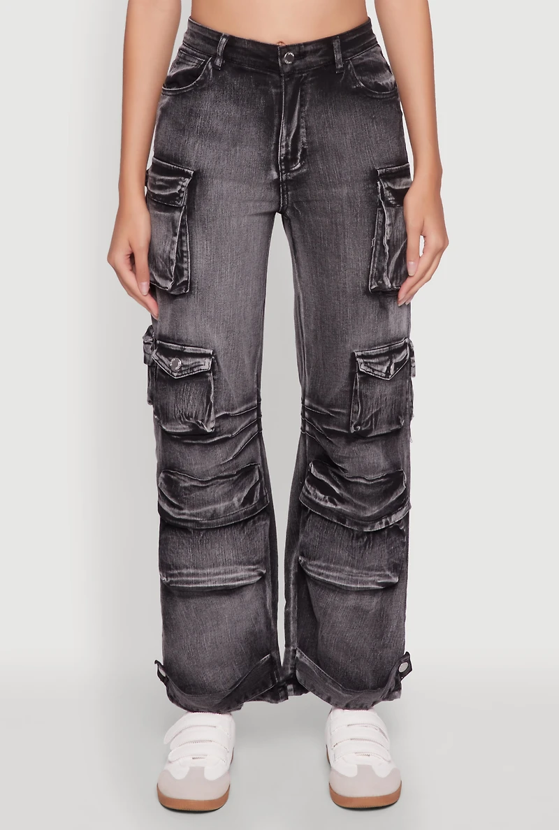 Womens Daisy Acid Wash High Waisted Wide Leg Cargo Pants, XL