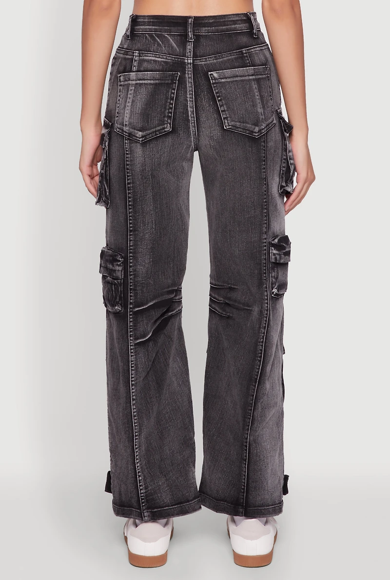Womens Daisy Acid Wash High Waisted Wide Leg Cargo Pants,