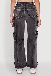 Womens Daisy Acid Wash High Waisted Wide Leg Cargo Pants,