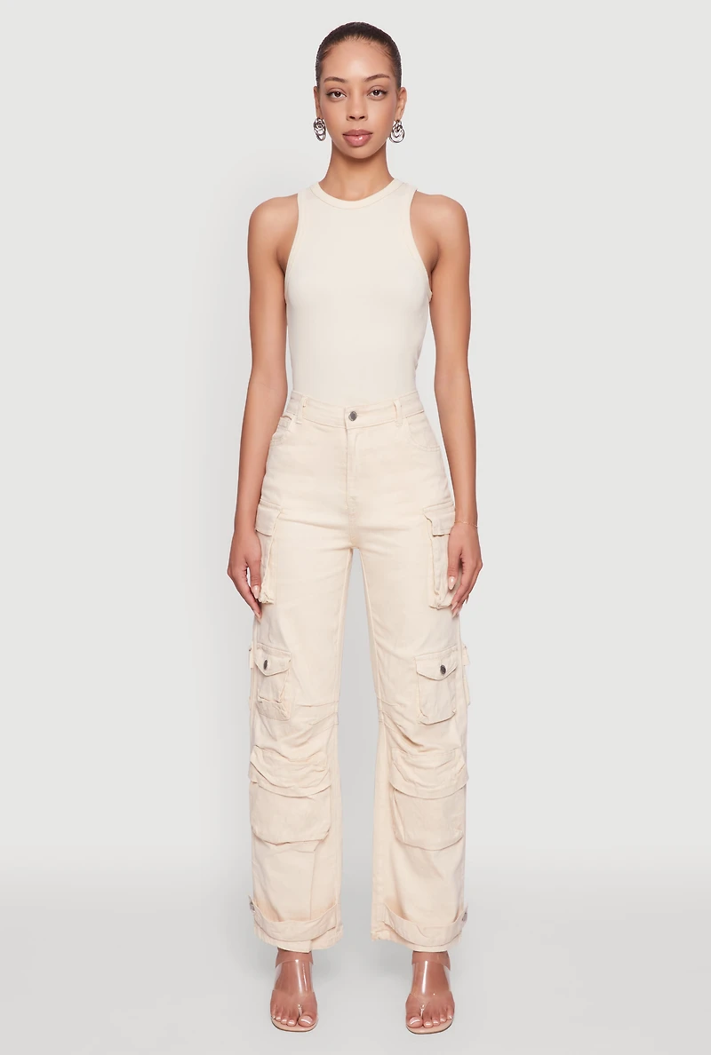 Daisy Acid Wash High Waisted Wide Leg Cargo Jeans