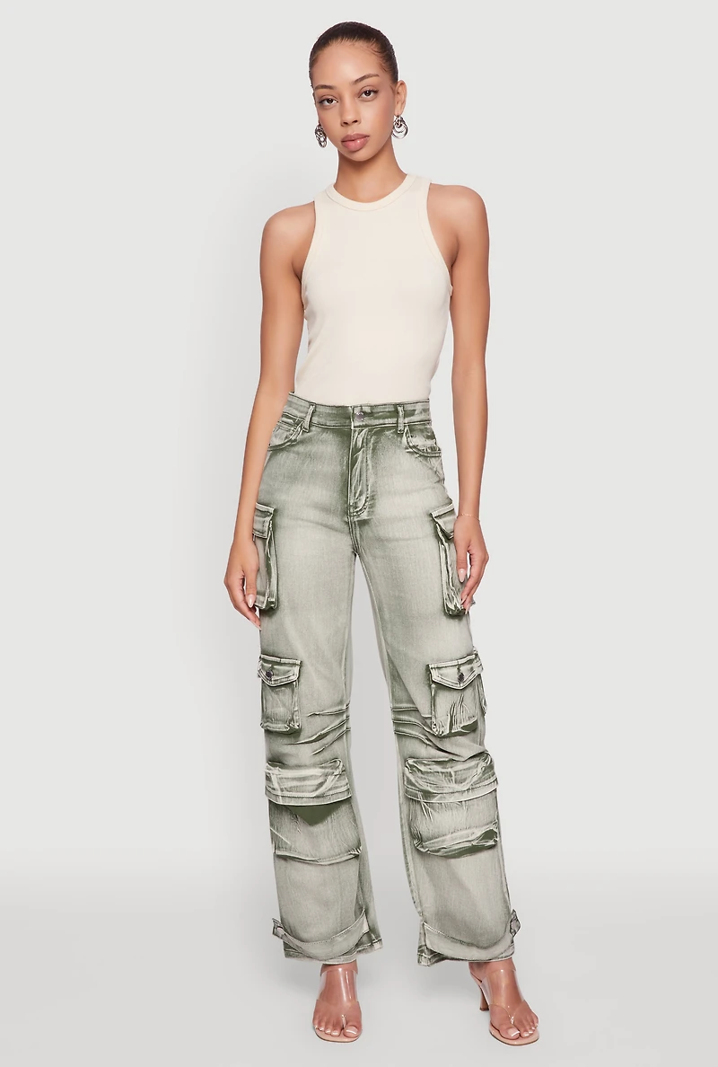 Womens Daisy Acid Wash High Waisted Wide Leg Cargo Pants, XL