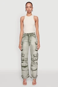 Womens Daisy Acid Wash High Waisted Wide Leg Cargo Pants, XL
