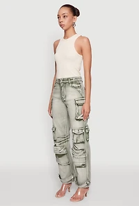 Womens Daisy Acid Wash High Waisted Wide Leg Cargo Pants, XL