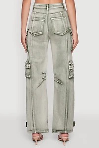 Womens Daisy Acid Wash High Waisted Wide Leg Cargo Pants, XL