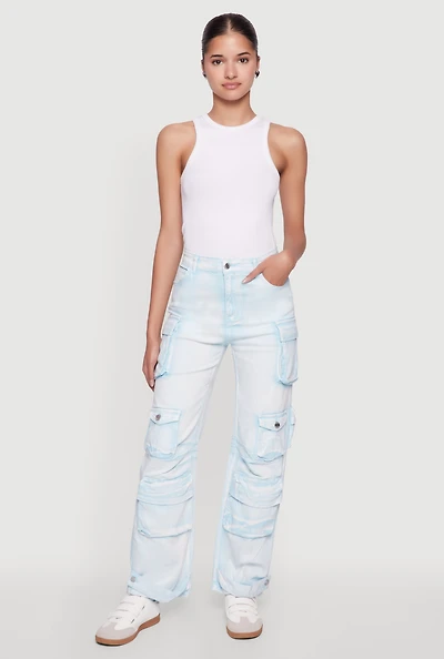 Womens Daisy Acid Wash High Waisted Wide Leg Cargo Pants,