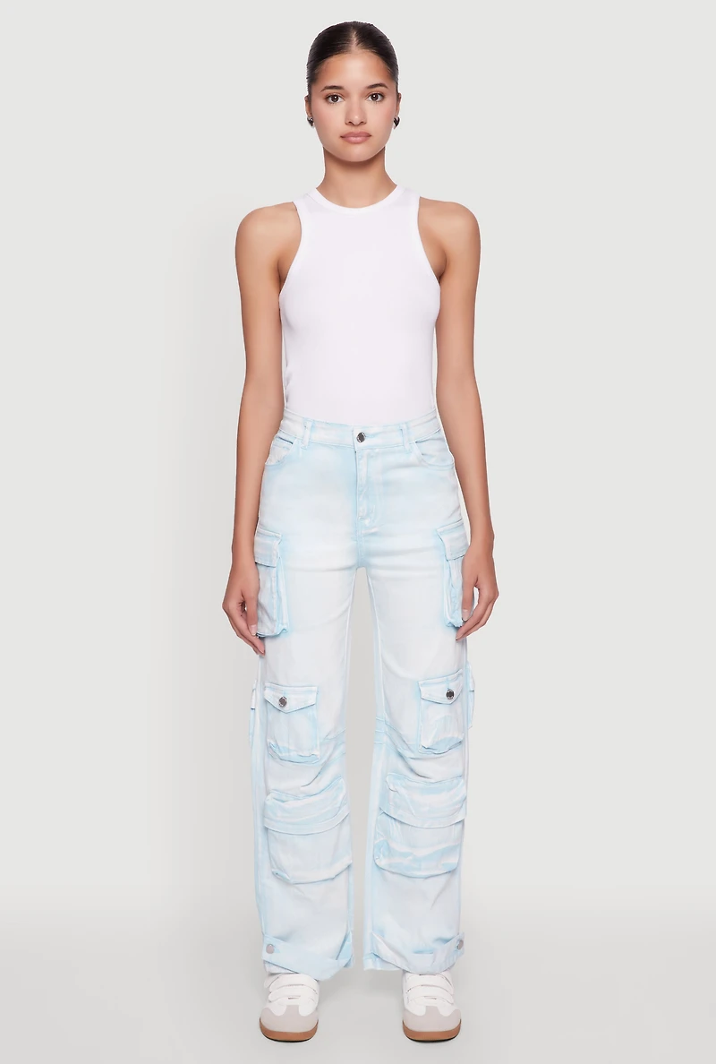 Womens Daisy Acid Wash High Waisted Wide Leg Cargo Jeans, Blue, Size L