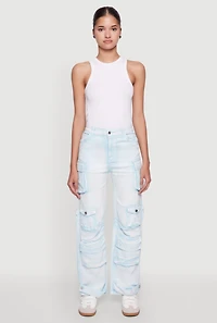 Womens Daisy Acid Wash High Waisted Wide Leg Cargo Jeans, Blue, Size L