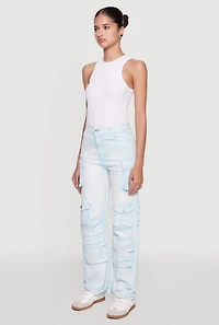 Womens Daisy Acid Wash High Waisted Wide Leg Cargo Jeans, Blue, Size L