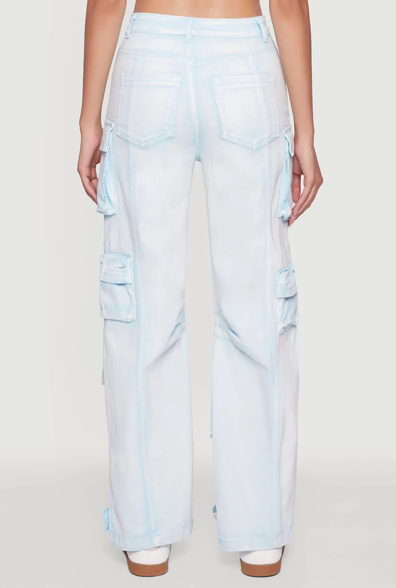 Womens Daisy Acid Wash High Waisted Wide Leg Cargo Jeans, Blue, Size L