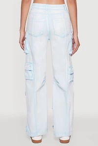 Womens Daisy Acid Wash High Waisted Wide Leg Cargo Jeans, Blue, Size L