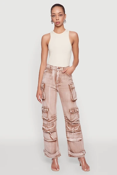 Womens Daisy Acid Wash High Waisted Wide Leg Cargo Pants, Brown, Size L