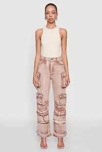 Womens Daisy Acid Wash High Waisted Wide Leg Cargo Pants, Brown, Size L