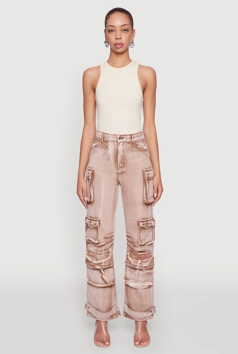 Womens Daisy Acid Wash High Waisted Wide Leg Cargo Pants, Khaki,