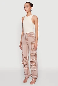 Womens Daisy Acid Wash High Waisted Wide Leg Cargo Pants, Brown, Size L