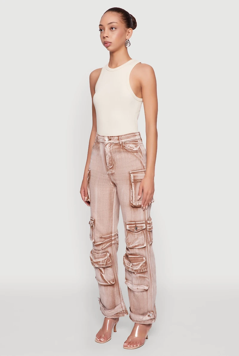 Womens Daisy Acid Wash High Waisted Wide Leg Cargo Pants, Khaki,