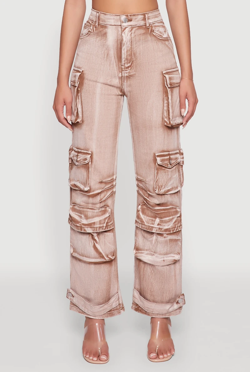 Womens Daisy Acid Wash High Waisted Wide Leg Cargo Pants, Khaki,