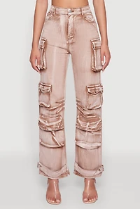 Womens Daisy Acid Wash High Waisted Wide Leg Cargo Pants, Khaki,