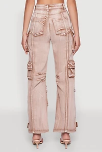 Womens Daisy Acid Wash High Waisted Wide Leg Cargo Pants, Brown, Size L