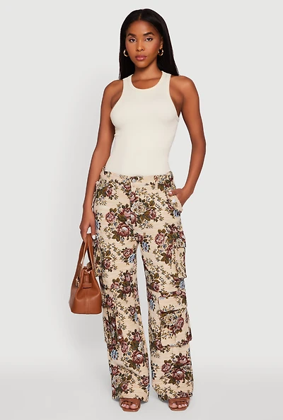 Womens Floral Jacquard Wide Leg Utility Pants, Multi,