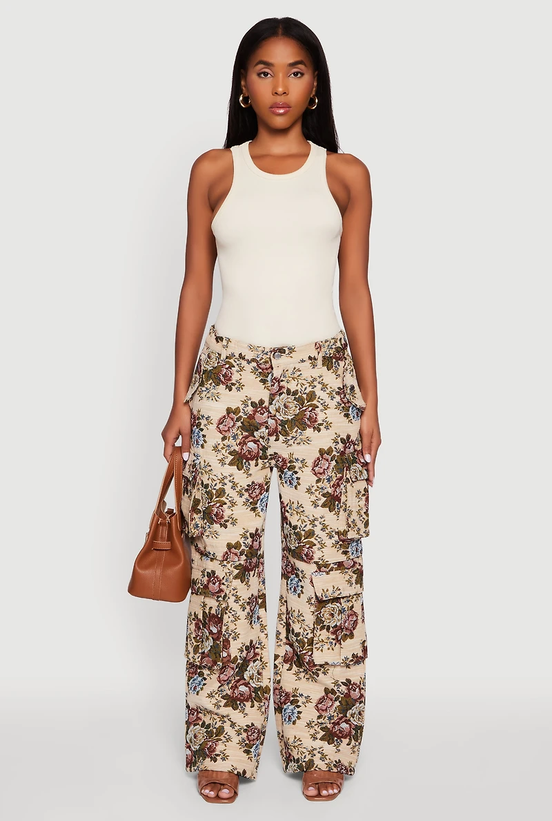 Womens Floral Jacquard Wide Leg Utility Pants, Multi,