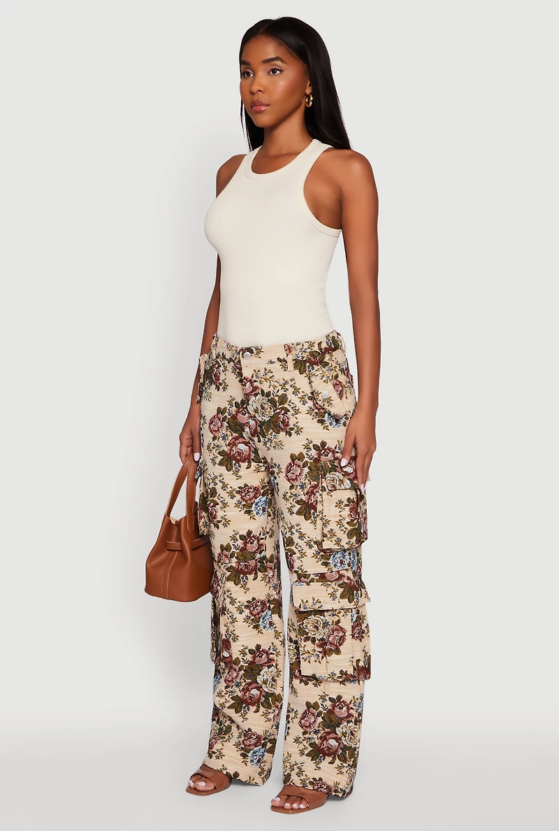 Womens Floral Jacquard Wide Leg Utility Pants, Multi,