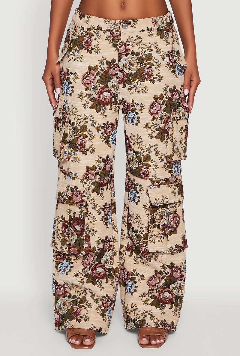 Womens Floral Jacquard Wide Leg Utility Pants, Multi,