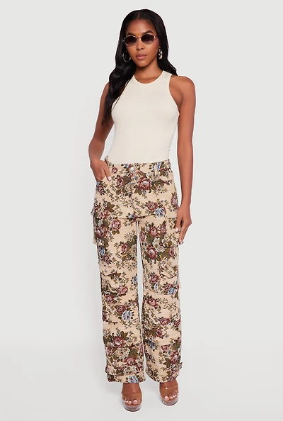 Womens Floral Jacquard Straight Leg Cargo Pants, Khaki, Size XL