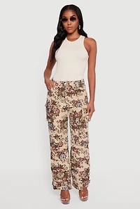 Womens Floral Jacquard Straight Leg Cargo Pants, Khaki, Size M