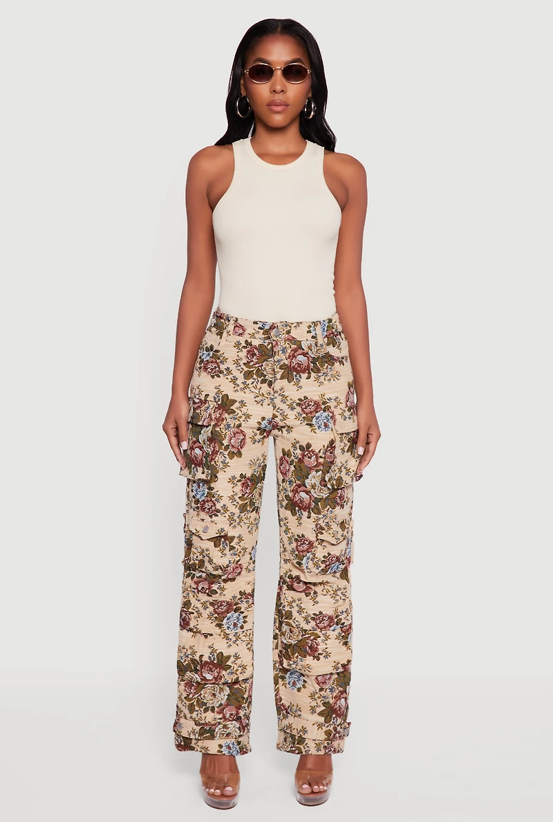 Womens Floral Jacquard Straight Leg Cargo Pants, Khaki, Size M