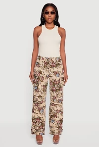 Womens Floral Jacquard Straight Leg Cargo Pants, Khaki, Size M