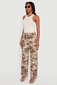 Womens Floral Jacquard Straight Leg Cargo Pants, Khaki, Size M
