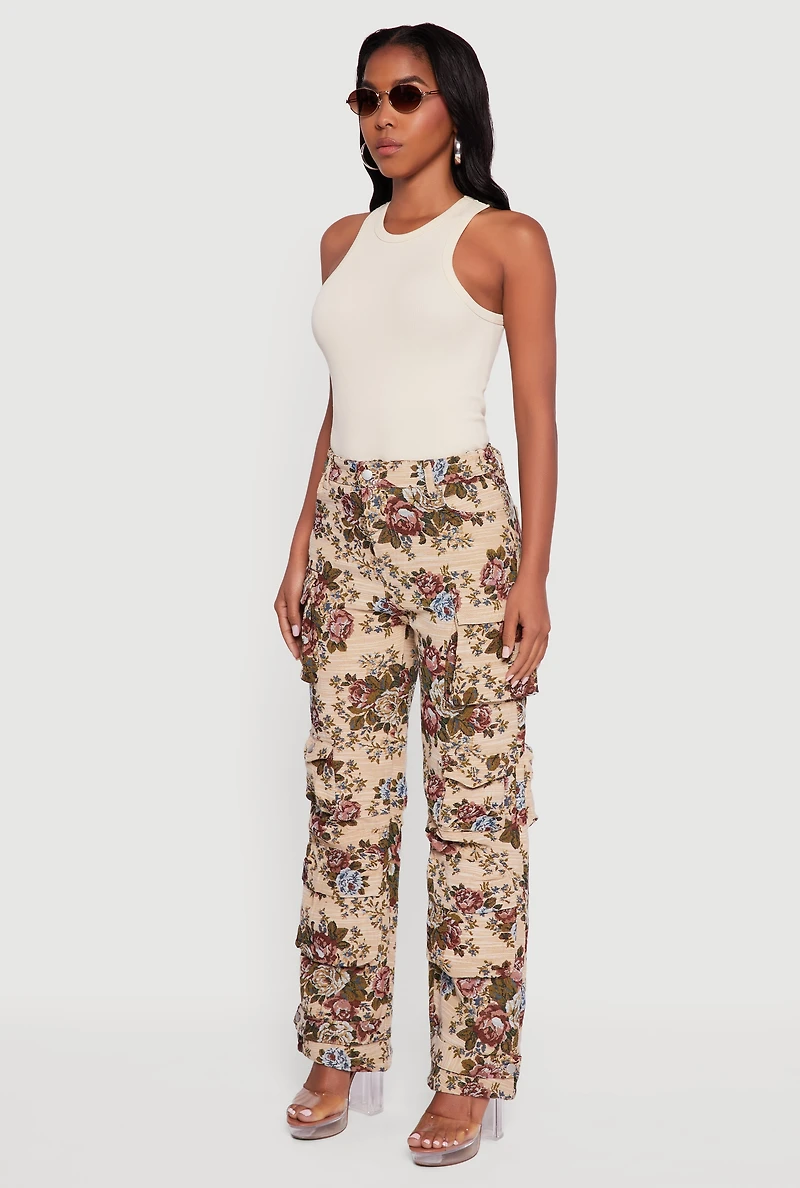 Womens Floral Jacquard Straight Leg Cargo Pants, Khaki,