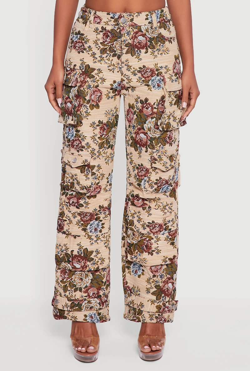 Womens Floral Jacquard Straight Leg Cargo Pants, Khaki, Size M