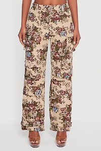 Womens Floral Jacquard Straight Leg Cargo Pants, Khaki, Size M
