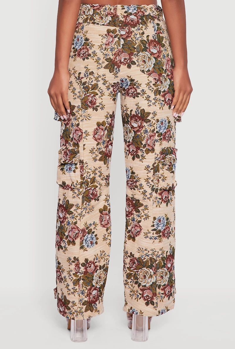Womens Floral Jacquard Straight Leg Cargo Pants, Khaki, Size M
