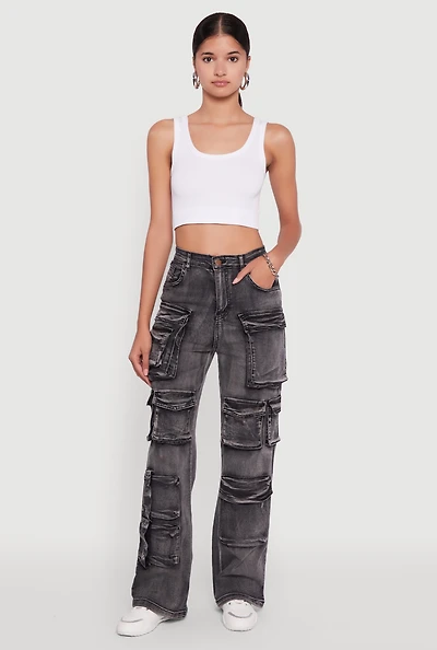 Womens Mineral Wash High Waisted Straight Leg Utility Jeans, Black, Size S