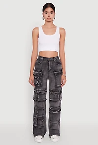 Womens Mineral Wash High Waisted Straight Leg Utility Jeans, Black, Size S