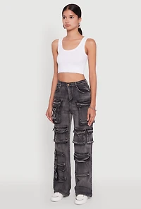 Womens Mineral Wash High Waisted Straight Leg Utility Jeans, Black, Size S