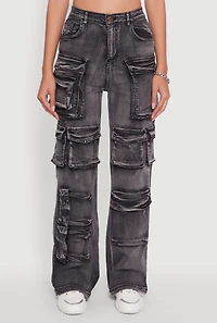 Womens Mineral Wash High Waisted Straight Leg Utility Jeans, Black, Size S
