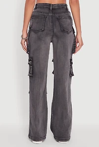 Womens Mineral Wash High Waisted Straight Leg Utility Jeans, Black, Size S