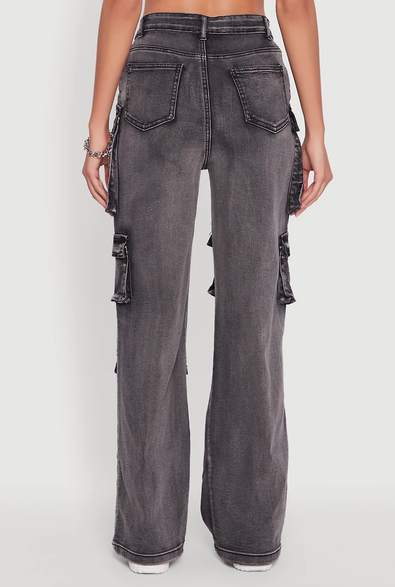 Womens Mineral Wash High Waisted Straight Leg Utility Jeans,