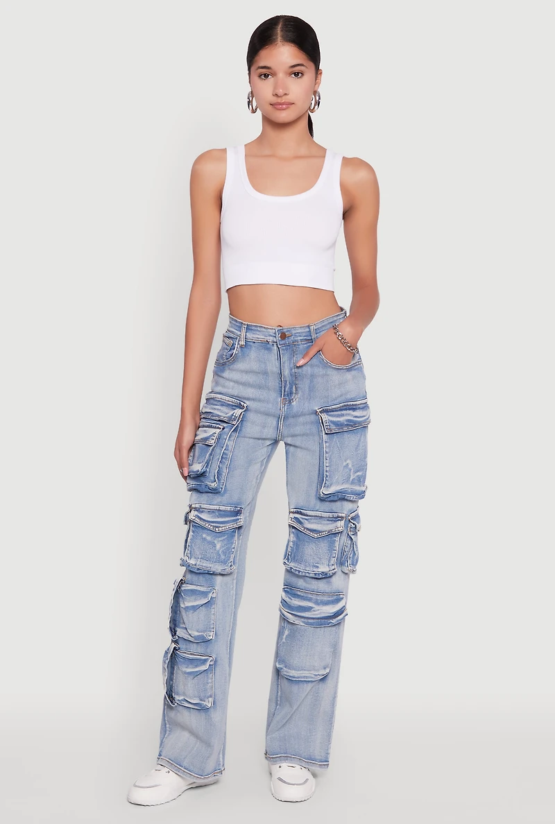 Womens Mineral Wash High Waisted Straight Leg Utility Jeans, Blue, Size XL
