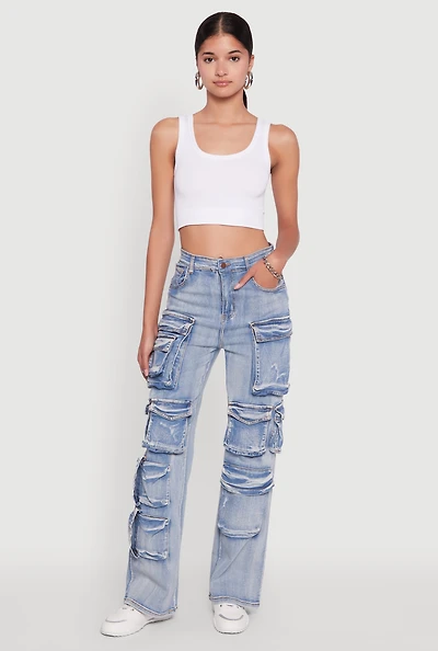 Womens Mineral Wash High Waisted Straight Leg Utility Jeans, Blue, Size XL