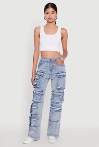 Womens Mineral Wash High Waisted Straight Leg Utility Jeans, Blue, Size XL