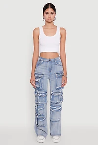 Womens Mineral Wash High Waisted Straight Leg Utility Jeans, Blue, Size XL