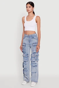 Womens Mineral Wash High Waisted Straight Leg Utility Jeans, Blue, Size XL