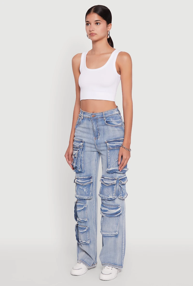 Womens Mineral Wash High Waisted Straight Leg Utility Jeans, Blue, Size M