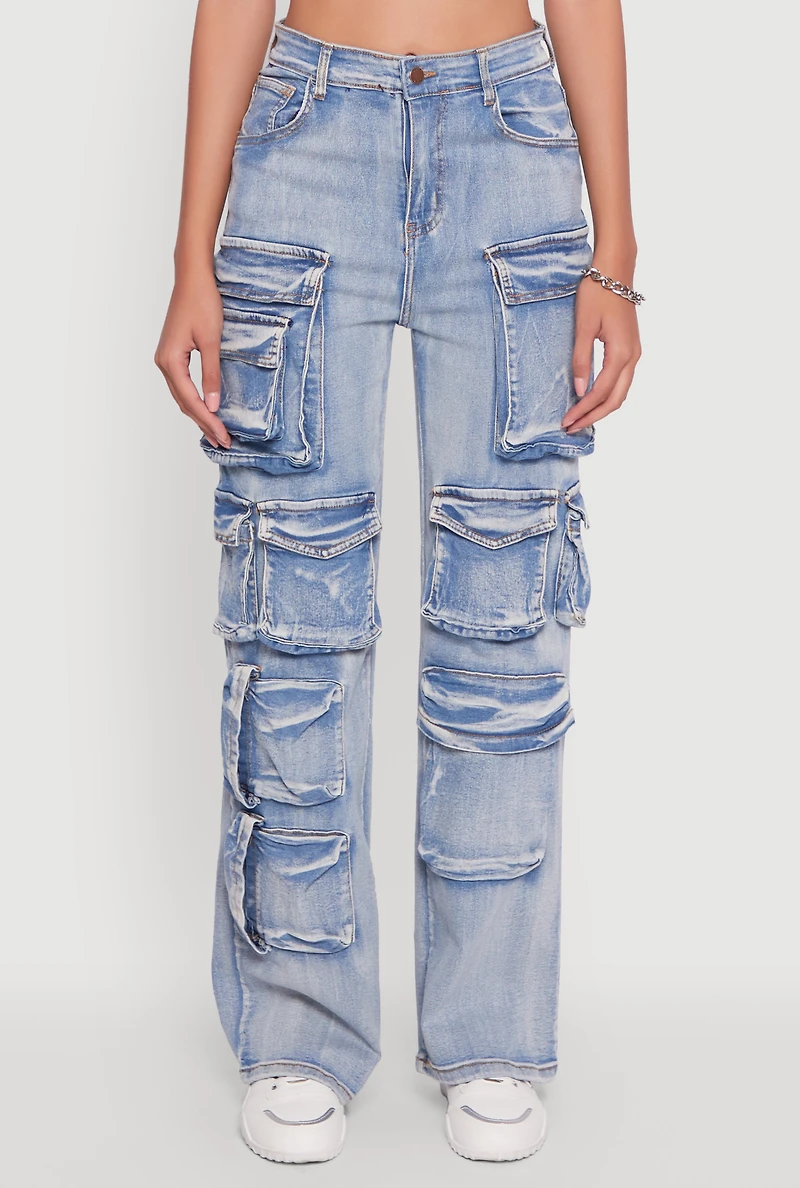 Womens Mineral Wash High Waisted Straight Leg Utility Jeans, Blue, Size M