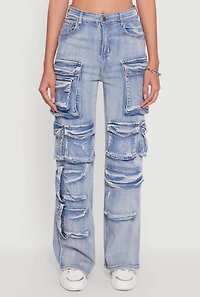 Womens Mineral Wash High Waisted Straight Leg Utility Jeans, Blue, Size M
