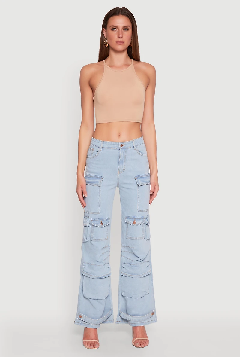 Womens Daisy Cargo Pocket Flare Jeans, Blue, Size S